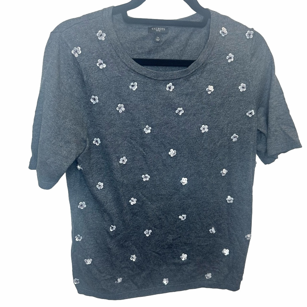 Talbots Gray Embellished Sequin Flowers Top Size Large Petites